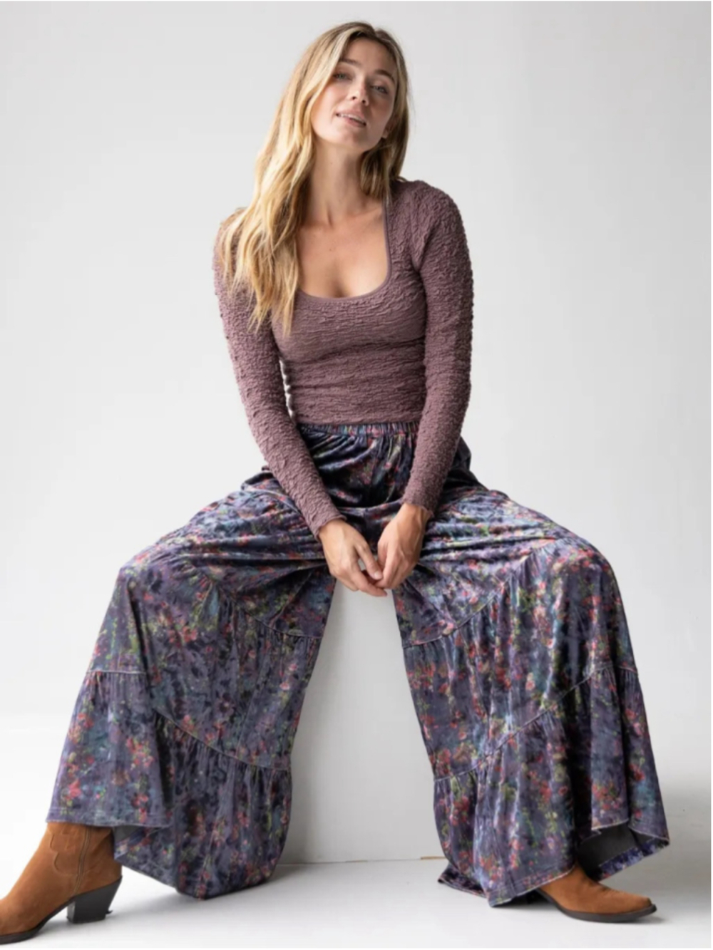 Natural Life Patti Velvet Palazzo Pant - Watercolor Indigo Floral Size S